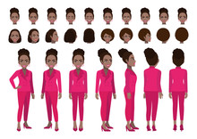 African American Businesswoman Cartoon Character Head Set And Animation Design. Front, Side, Back, 3-4 View Animated Character. Flat Vector Illustration