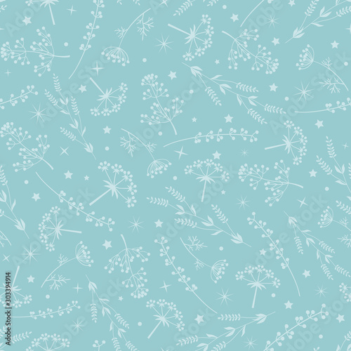 Delicate background with plants and stars. Winter floral pattern. Vector seam...