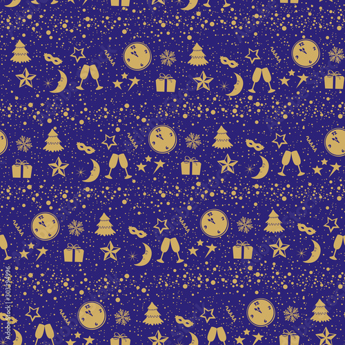 Festive pattern with golden christmas attributes on dark blue background. Clo...