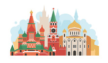 Russia, The City Of Moscow. The Architecture Of The City. Spasskaya Tower, Cathedral Of Christ The Savior, St. Basil's Cathedral, Bolshoi Theater, Moscow State University. Vector Illustration.