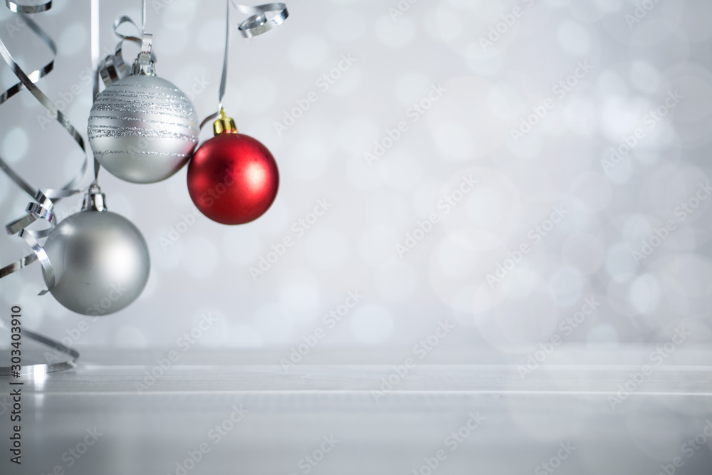 Silver Christmas balls with ribbon - obrazy, fototapety, plakaty 