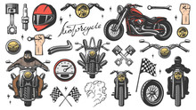 Motorcycle Chopper, Front And Side, Motorcycle Driver, Monochrome Icon Set With Objects And Attributes Of Motorbike, Vector Illustration. Racing Helmet, Piston, Spark Plug, Wheel, Headlamp, Flag.