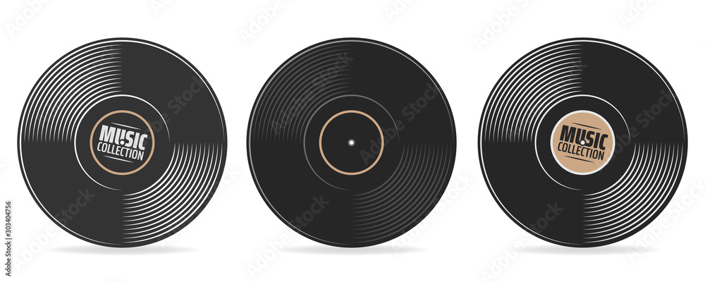 gramophone vinyl record with label. Music collection. old technology, retro sound design. vector illustration, isolated on white background - obrazy, fototapety, plakaty 