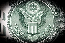 Eagle Macro Close-up On A US 1 Dollar Banknote. Detail Of One Dollar Bill