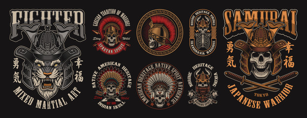 Set of designs with skulls in different headgear