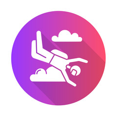 Wall Mural - Skydiving purple flat design long shadow glyph icon. Sky diving. Freefall tricks. Skydiver jumping with parachute. Air extreme sport flight stunt. Parachutist in sky. Vector silhouette illustration