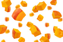 Falling Piece Of Pumpkin, Cubes, Isolated On White Background, Selective Focus