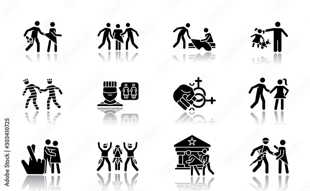 Different rape types drop shadow black glyph icons set. Date, statutory ...