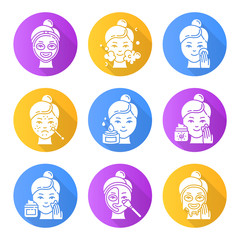 Sticker - Skin care procedures flat design long shadow glyph icons set. Spot treatment for acne and blackheads. Applying sunscreen. Mosturizing face cleanser. Thermal mask. Vector silhouette illustration