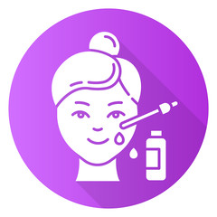 Sticker - Using serum purple flat design long shadow glyph icon. Skin care procedure. Facial beauty treatment. Lifting and exfoliating effect. Oil product for skin. Vector silhouette illustration