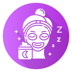 Sticker - Applying sleeping cream purple flat design long shadow glyph icon. Skin care procedure. Facial treatment. Night cream for relaxation. Everyday beauty routine step. Vector silhouette illustration