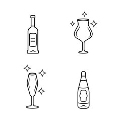 Wall Mural - Alcohol drink glassware linear icons set. Wine service. Crystal glasses shapes. Red wine bottles with labels. Thin line illustration. Contour symbol. Vector isolated outline drawing. Editable stroke