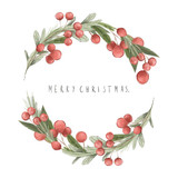 Fototapeta  - Cute watercolor hand drawn Christmas Wreath with berries