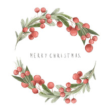 Cute Watercolor Hand Drawn Christmas Wreath With Berries