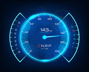Poster - Speedometer speed car, auto dashboard design in futuristic style. Neon speedometer. Tachometer, Template Automotive Dashboard. Vector illustration