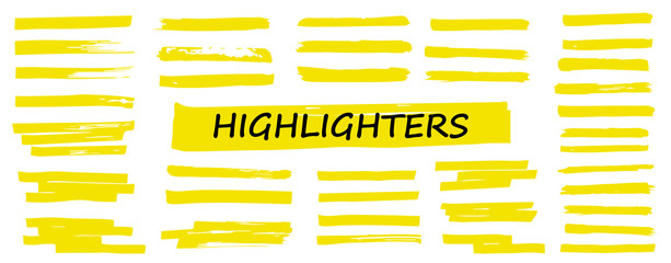 Poster - highlighter collection, brush lines, isolated in white background. marker yellow set, brush pen hand
