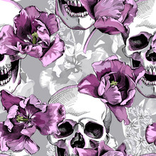 Seamless Floral Pattern. Violet Tulips Flowers And Skulls On A Monochrome Gray Background. Vector Illustration.