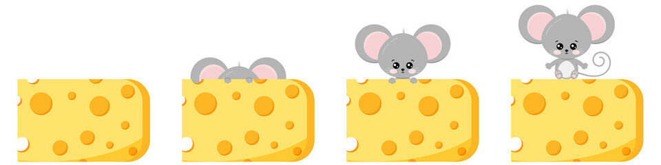 Wall Mural - Cute peek out mouse and cheese vector flat image set isolated on white background.