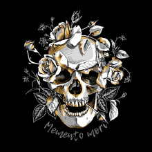 Metallic Skull With A Gold Roses Flowers On A Black Background. Vector Illustration.