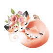 Cute mother fox with a baby fox, flowers and bird watercolor illustration