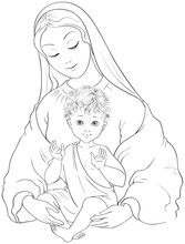Madonna And Child. Blessed Virgin Mary With Baby Jesus Coloring Page