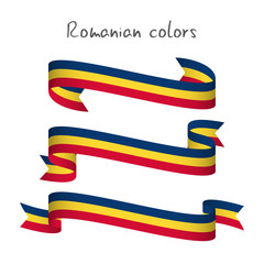 Wall Mural - Set of three modern colored ribbon with the Romanian tricolor isolated on white background, abstract Romanian flag, Made in Romania logo