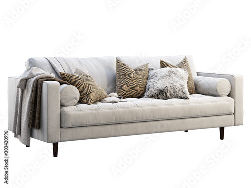 Scandinavian three-seat white velvet upholstery sofa with pillows and plaids Poster Mural XXL