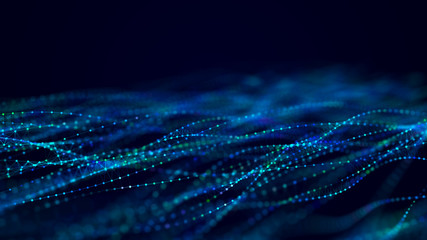 Fototapete - Futuristic background of points and lines with a dynamic wave. Big data. Abstract background 3d rendering. 4k.