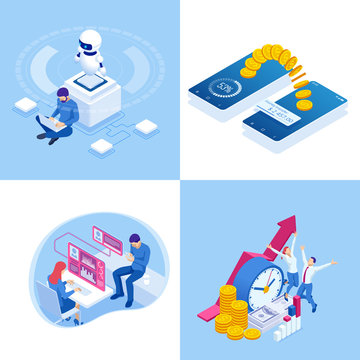 Isometric business concepts. Businessmen and business woman in different situations. Online cooperation, agreement, success, sgoal achievement, financing of projects, online consultation, partnership.