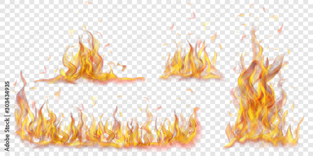 Set of translucent burning campfires of flames and sparks on transparent background. For used on light backgrounds. Transparency only in vector format - obrazy, fototapety, plakaty 
