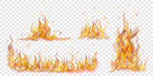 Set Of Translucent Burning Campfires Of Flames And Sparks On Transparent Background. For Used On Light Backgrounds. Transparency Only In Vector Format