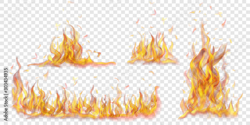 Set of translucent burning campfires of flames and sparks on transparent background. For used on light backgrounds. Transparency only in vector format © Olga Moonlight
