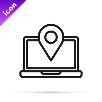 Black line Laptop with location marker icon isolated on white background. Vector Illustration