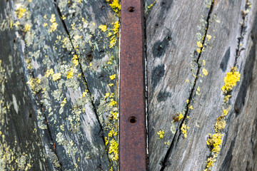 Wall Mural - Wood and metal hull of a rotten and stranded boat wreck on land. Texture and rustic pattern concept with copy space for text.