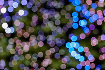 Wall Mural - Illuminated Abstract round pink, purple, magenta and blue bokeh on green dark blur background. Colourful glitter bokeh from out of focus view of decoration bulbs.