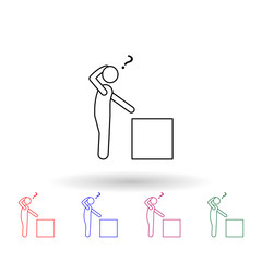 Poster - Man thinks how to carry a box multi color icon. Simple thin line, outline vector of carrying and picking a box icons for ui and ux, website or mobile application