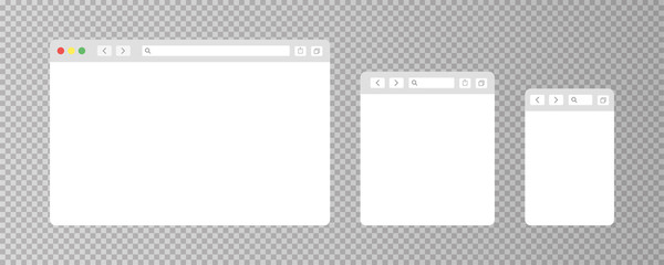 Wall Mural - Browser window isolated vector web elements transparent background. Design template with browser window for mobile device design. Blank template. Mockup for web site design.