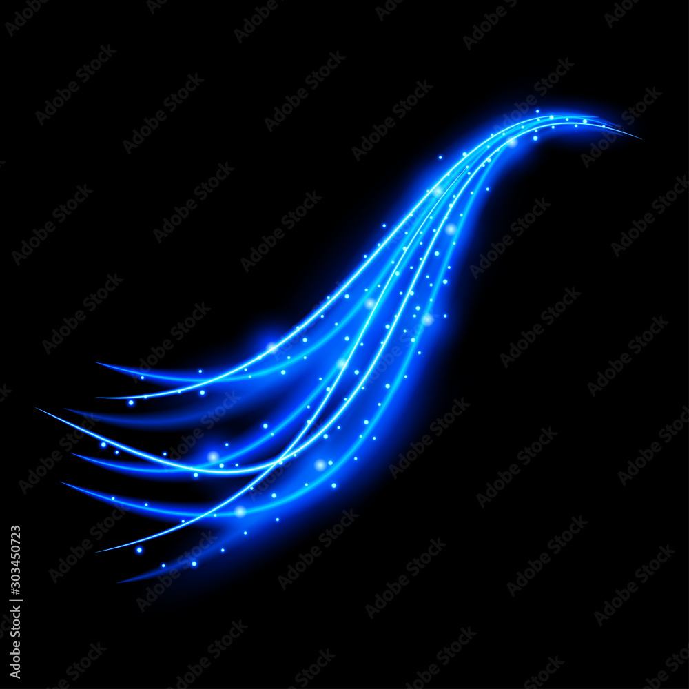 Light effect with curve trail and blue sparkles on black background - obrazy, fototapety, plakaty 