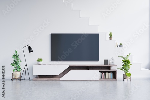Tv On The Cabinet In Modern Living Room With Plants In