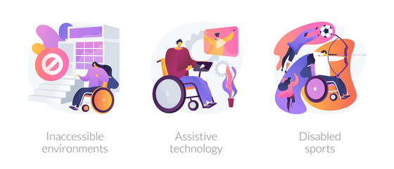 Wall Mural - Handicapped people accessibility flat icons set. Disabled activity. Inaccessible environments, assistive technology, disabled sports metaphors. Vector isolated concept metaphor illustrations.