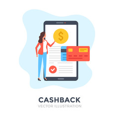 Poster - Cashback. Flat design. Cash back, money transfer, mobile payment, digital wallet concepts. Business people. Vector illustration