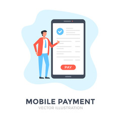 Poster - Mobile payment. Flat design. Money transfer, pay online, digital wallet, payment technology concepts. Business people and mobile phone, smartphone. Vector illustration