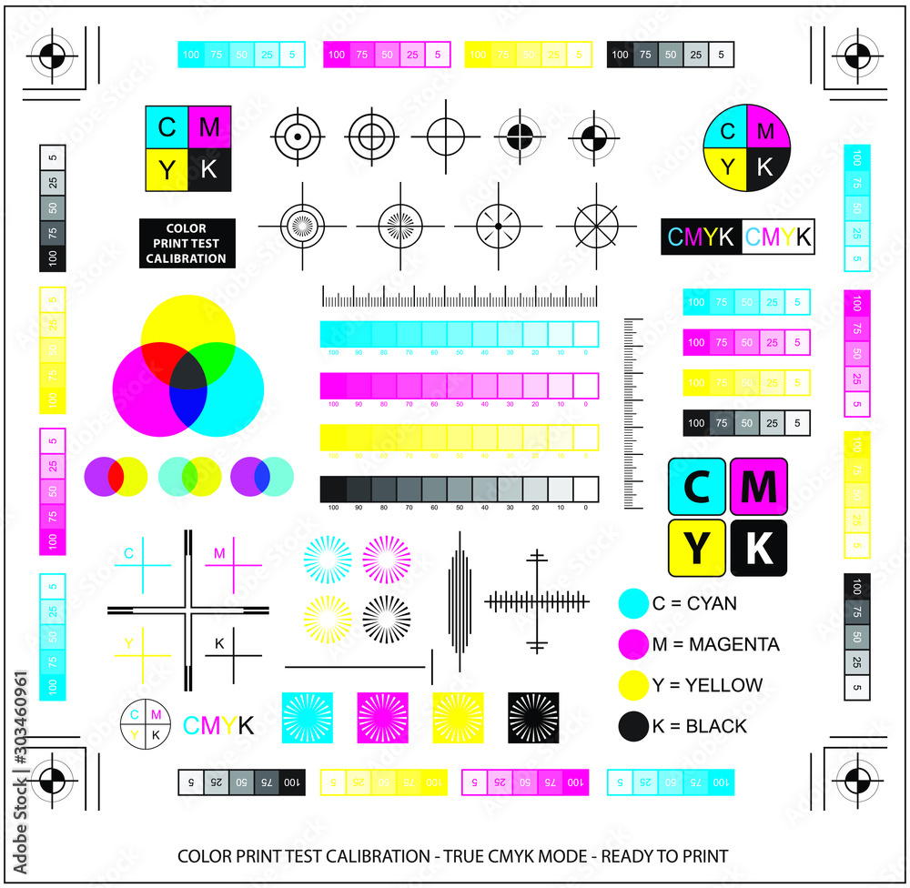 Test Print Color Alignment color mixing scheme or color print test calibration concept. easy to ...