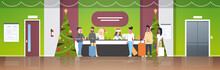 Female Receptionists In Santa Hats Meeting Mix Race Tourists With Luggage At Reception Counter Registration Christmas Holiday Concept Modern Hotel Lobby Interior Flat Full Length Horizontal Vector