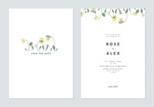 Minimalist Floral Wedding Invitation Card Template Design, Colorful Pansies With Green Leaves On White