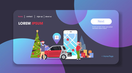 man woman in santa hats using online mobile application ordering taxi car sharing concept couple celebrating christmas holidays copy space horizontal vector illustration