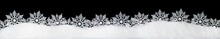 Banner Of Sparkling Fuffy White Snow With Snowflakes Isolated On Black