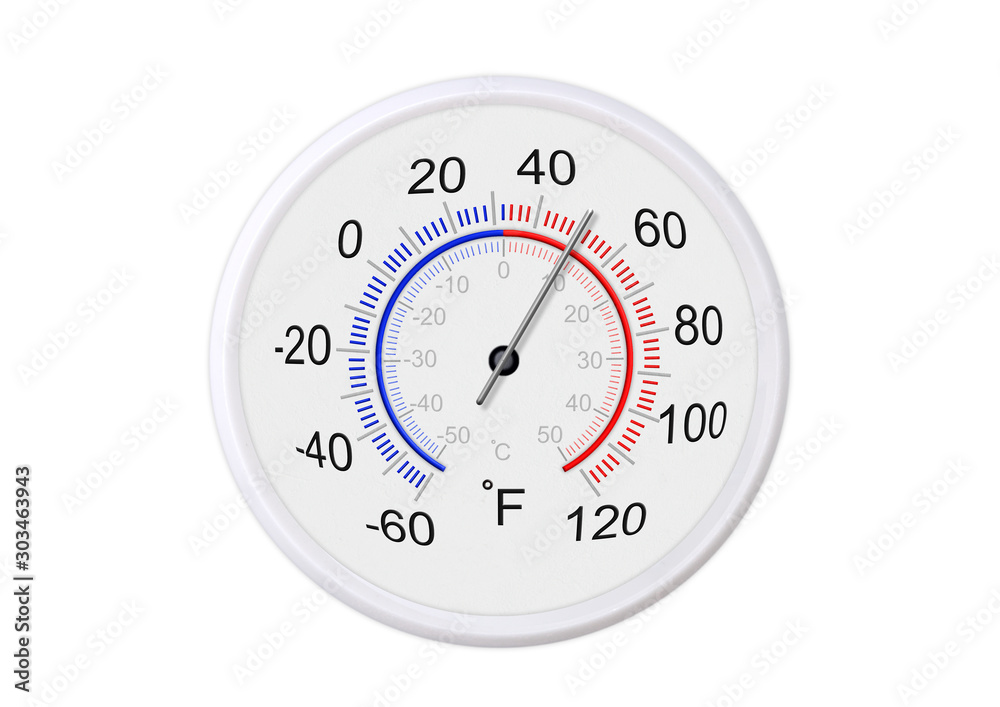 Fahrenheit and celsius scale white round thermometer for measuring weather temperature. Thermometer isolated on white background. Ambient temperature plus 50 degrees fahrenheit Stock Photo Adobe Stock