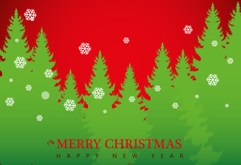 Wall Mural - Christmas greeting. Winter landscape with coniferous forest. Vector illustration