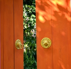 Bhutanese style red wooden door with golden knocker 